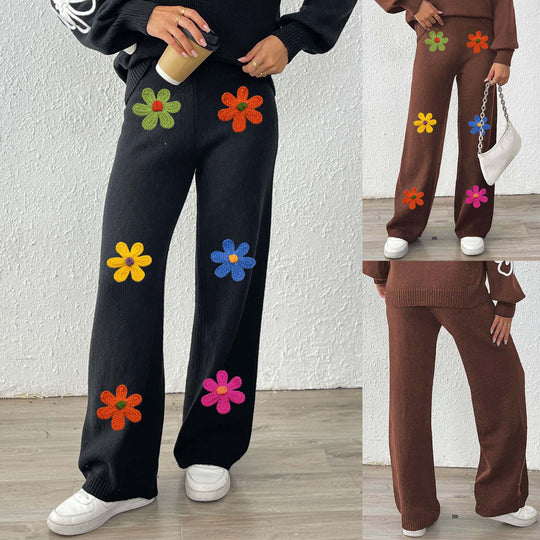 Damen lässige Strickhose mit bunten Blumenapplikationen R&B