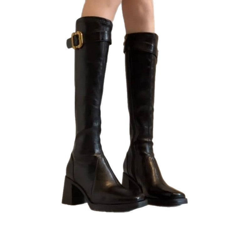 Damen Stiefel mit elegantem Blockabsatz und modischem Schnallenverschluss