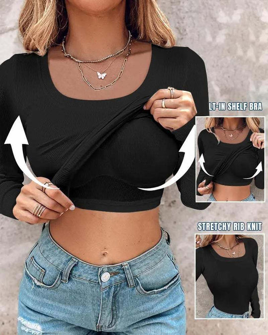 Damen Langarm Crop Top mit eingearbeitetem BH und elastischer Rippenstruktur R&B