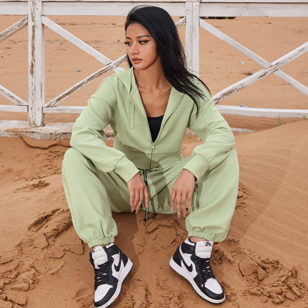 Damen modisches Cropped Sweat-Set mit praktischen Taschen und elastischem Bund R&B