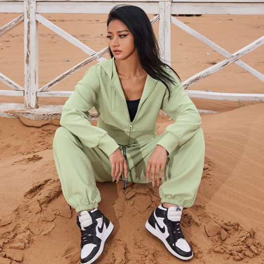 Damen modisches Cropped Sweat-Set mit praktischen Taschen und elastischem Bund R&B