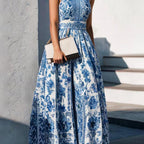 Damen Maxikleid mit floralem Kragen und ausgestelltem Rock R&B