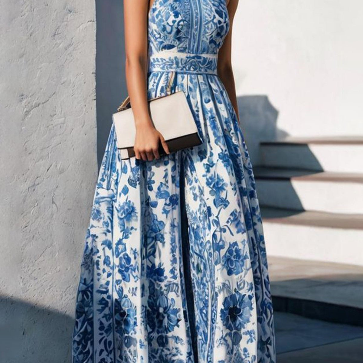 Damen Maxikleid mit floralem Kragen und ausgestelltem Rock R&B