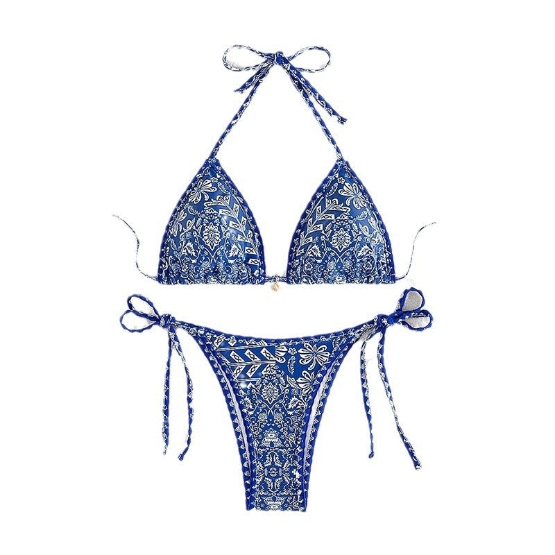 Damen Triangel-Bikini mit verspieltem Muster und eleganten Bindändern