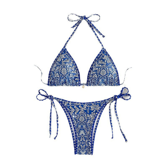Damen Triangel-Bikini mit verspieltem Muster und eleganten Bindebändern R&B