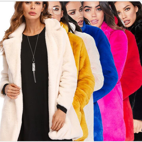 Damen Flauschige Langjacke aus Kunstpelz mit Kapuze R&B