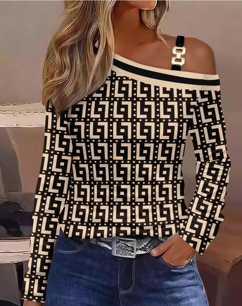 Damen Off-Shoulder Oberteil mit modischem Muster und dekorativen Trägern R&B