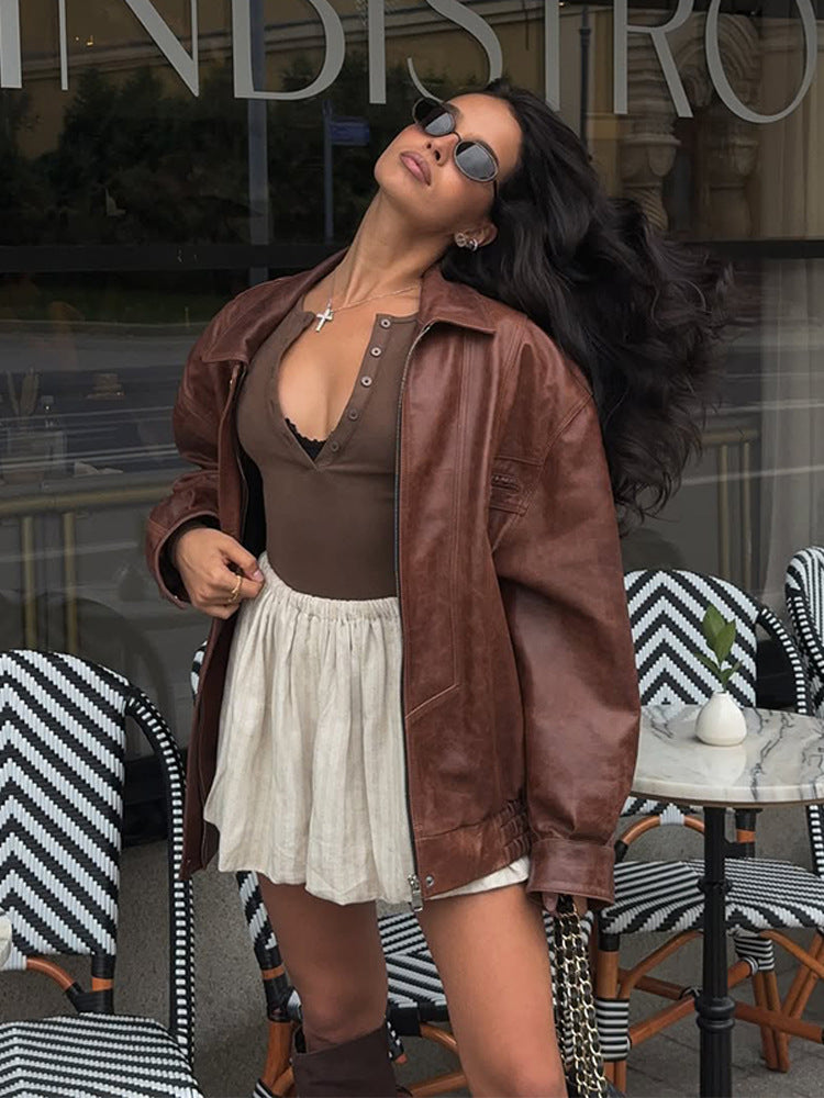 Damen lässige Kunstlederjacke im Oversized-Stil R&B