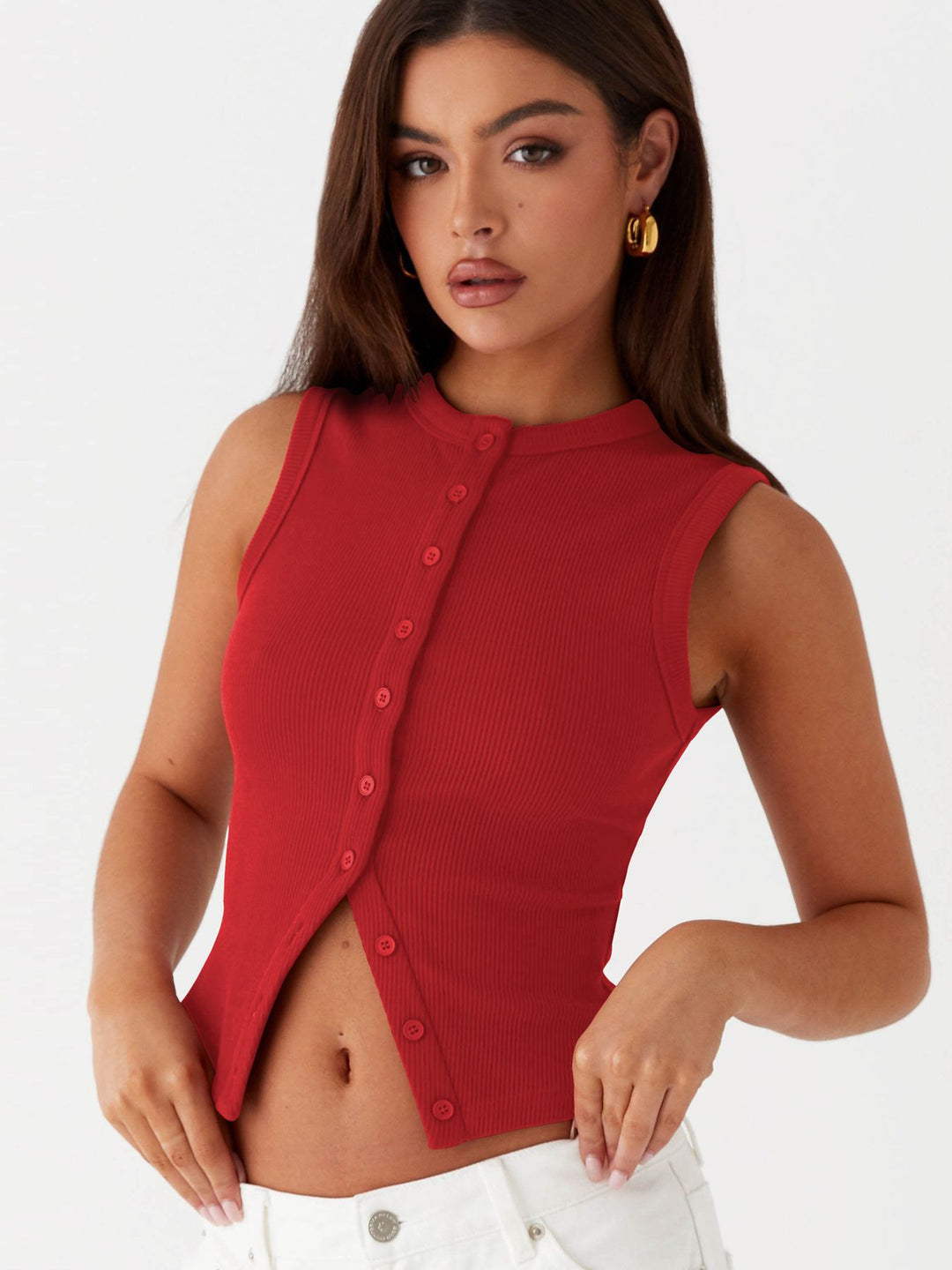 Damen ärmelloses Knopfschalenshirt aus Rippenstoff mit modernem Schnitt R&B