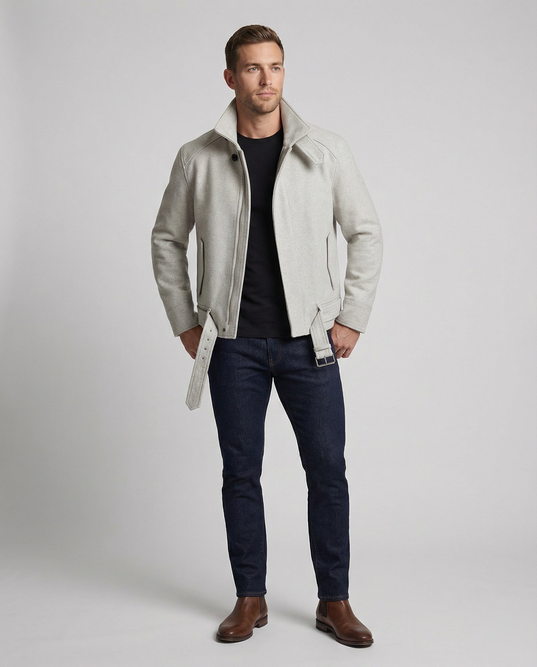 Herren kurz geschnittener Wollmix-Blouson mit hohem Stehkragen und Taillengürtel R&B