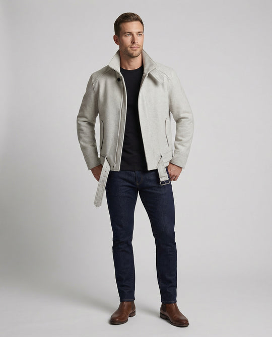 Herren kurz geschnittener Wollmix-Blouson mit hohem Stehkragen und Taillengürtel R&B