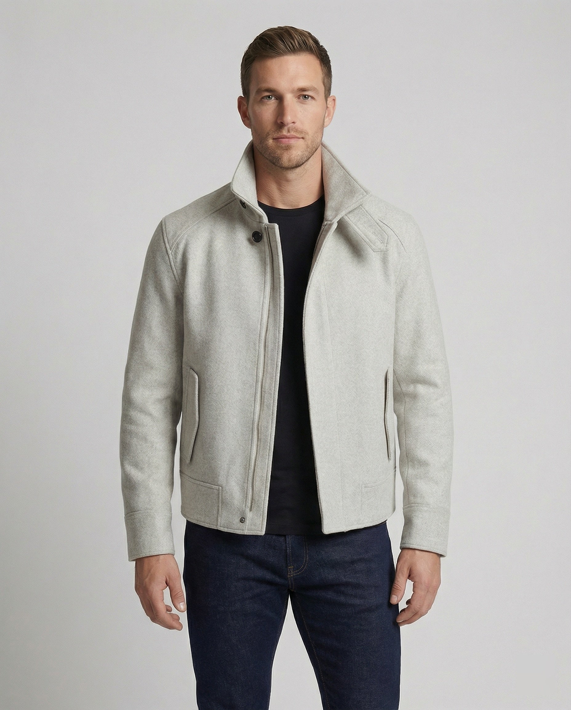 Herren kurz geschnittener Wollmix-Blouson mit hohem Stehkragen und Taillengürtel R&B