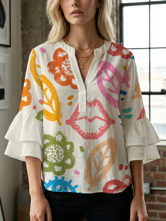 Damen Bluse mit voluminösen Rüschenärmeln und floralem Muster R&B