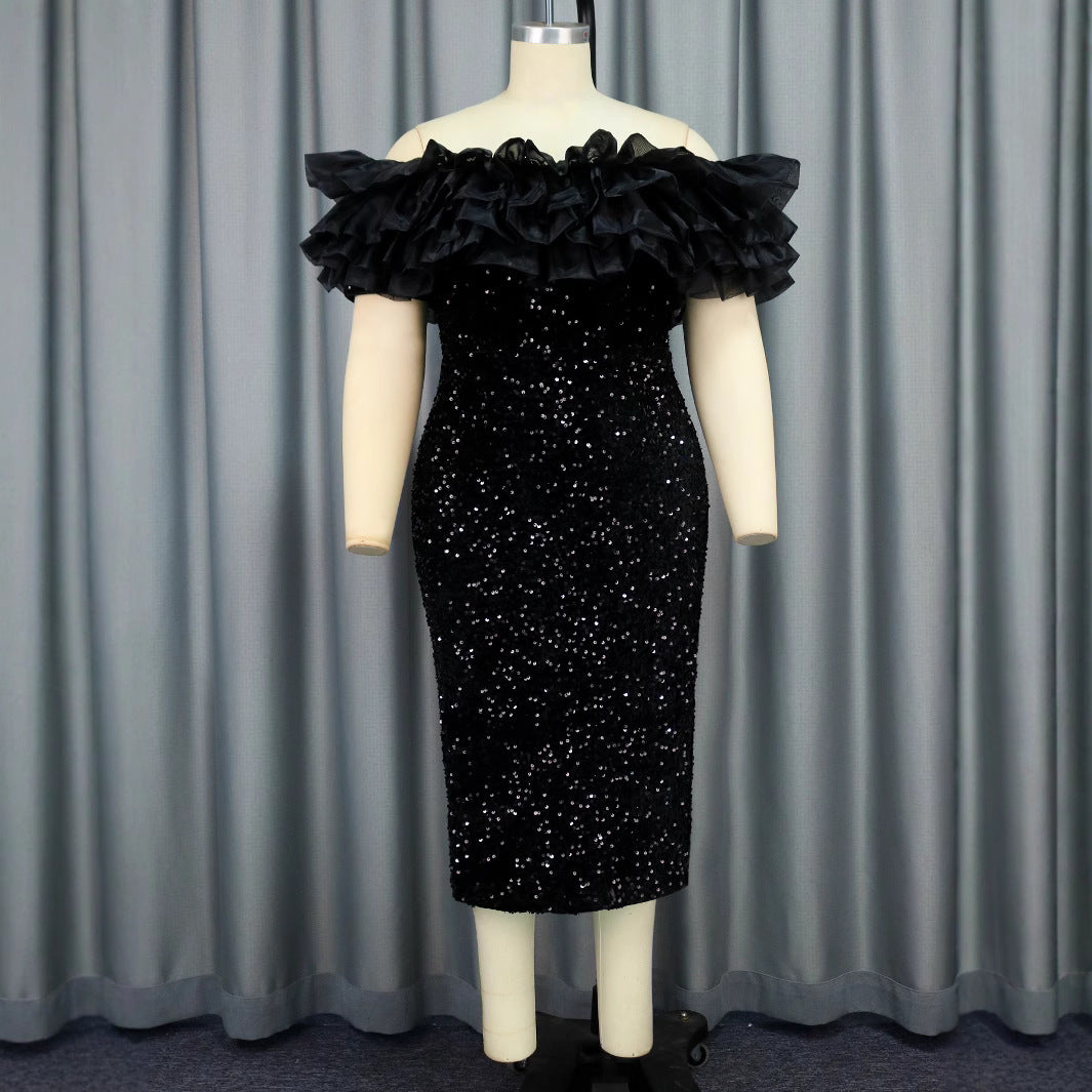 Damen Elegantes Abendkleid mit voluminösen Rüschen und funkelnden Pailletten R&B