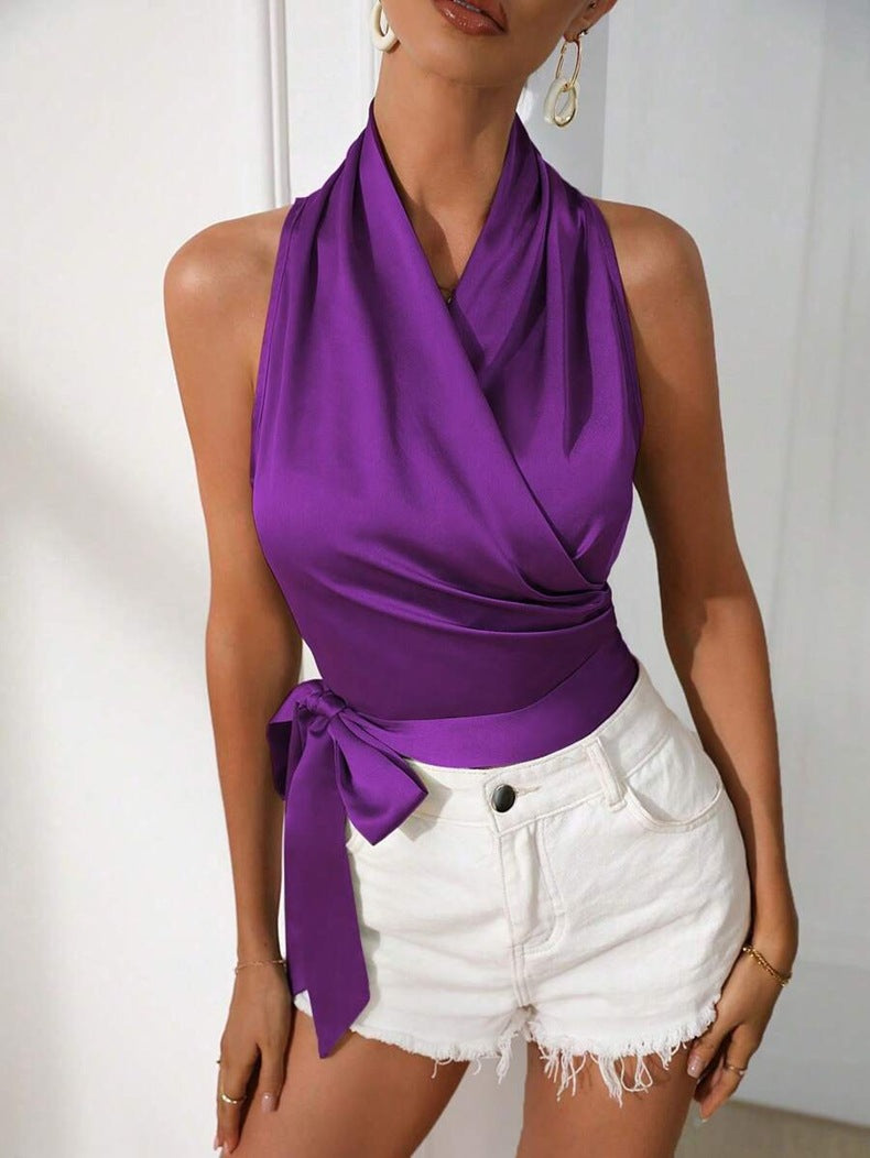 Damen Wickel-Top mit tailliertem Satinband R&B