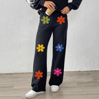 Damen lässige Strickhose mit bunten Blumenapplikationen R&B