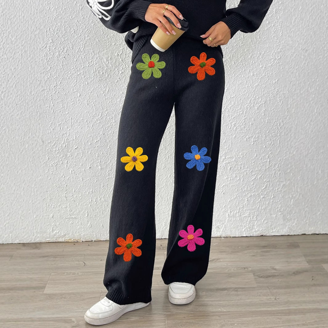 Damen lässige Strickhose mit bunten Blumenapplikationen R&B