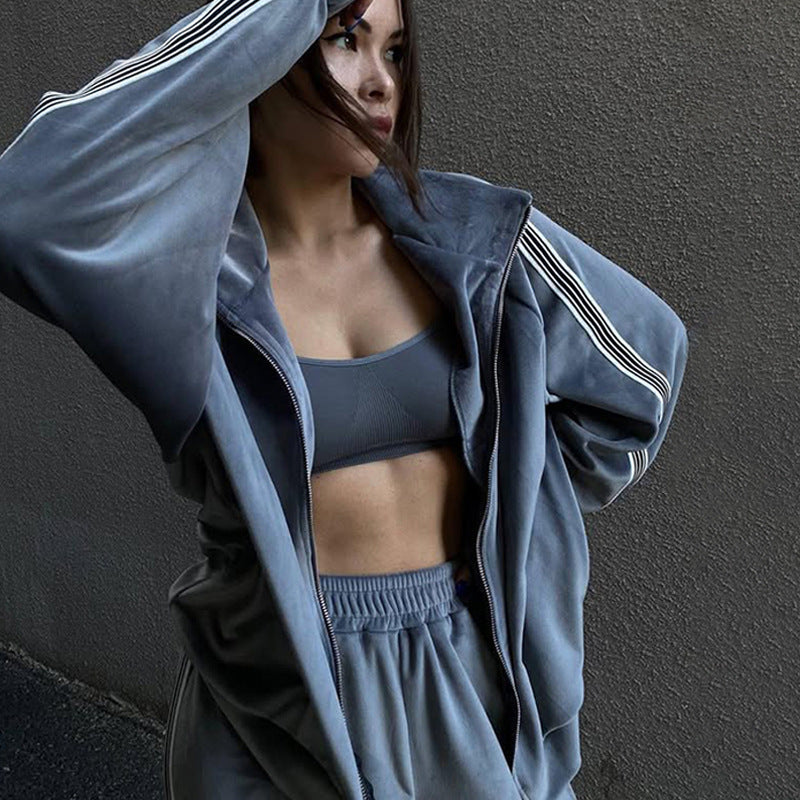 Damen sportliches Fleece-Loungewear-Set mit hohem Kragen und elastischem Bund R&B