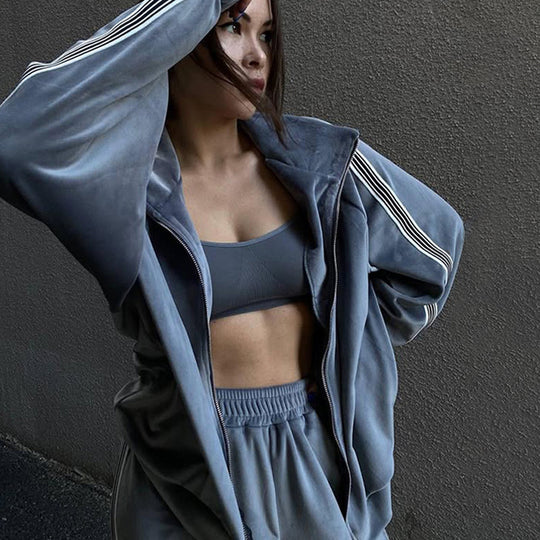 Damen sportliches Fleece-Loungewear-Set mit hohem Kragen und elastischem Bund R&B