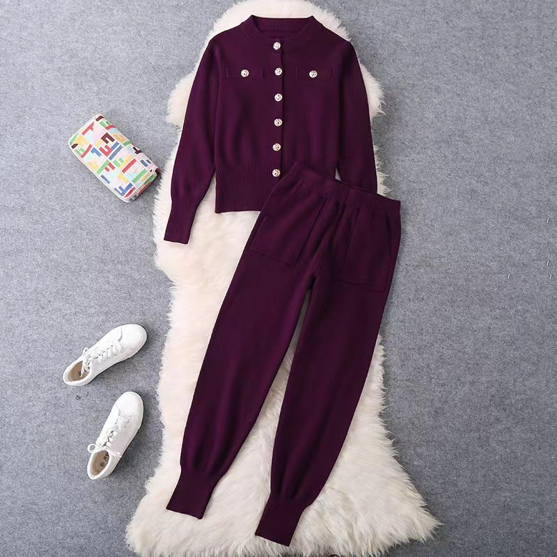Damen elegantes Strickanzug-Set mit Knopfdétails R&B