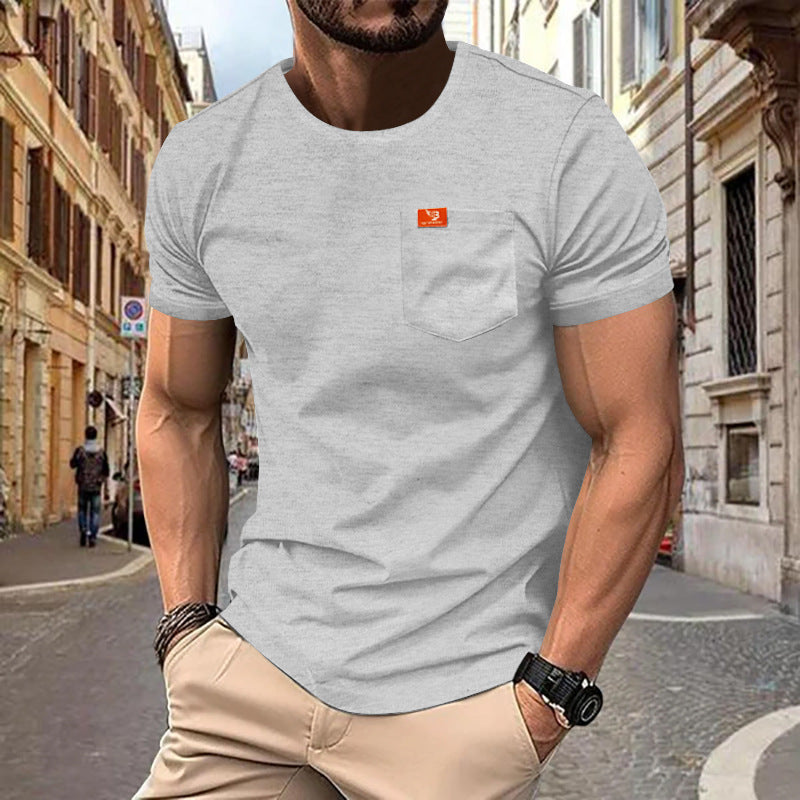 Herren nan klassisches Rundhals-T-Shirt mit Brusttasche und verstärktem Saum R&B