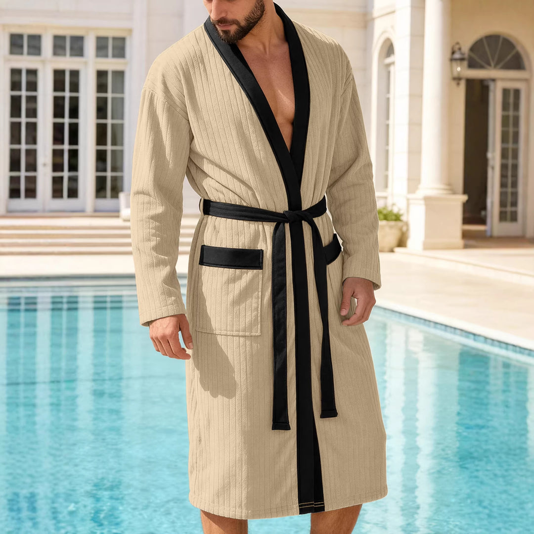 Herren nan wadenlanger Rippen-Bademantel im Kimono-Stil mit Schalkragen und Kontrastpaspel R&B