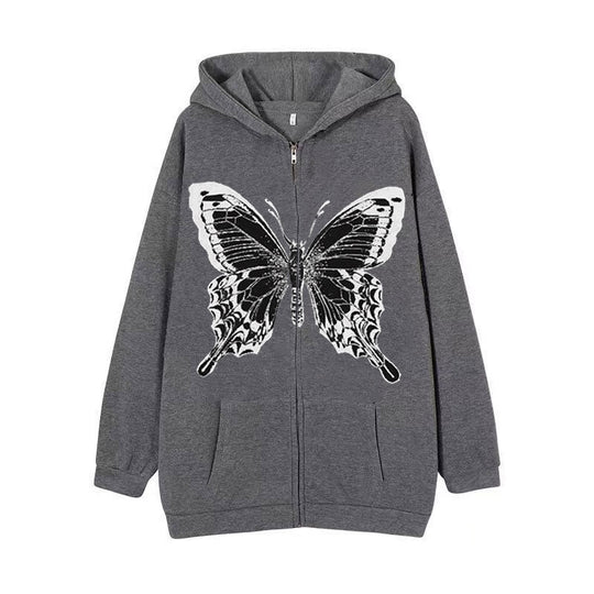 Damen Zip-Hoodie mit ausdrucksstarkem Schmetterlingsmotiv R&B