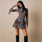 Damen nan figurbetontes Netz-Minikleid mit Leoparden- und Blumenprint, Stehkragen und Trompetenärmeln R&B
