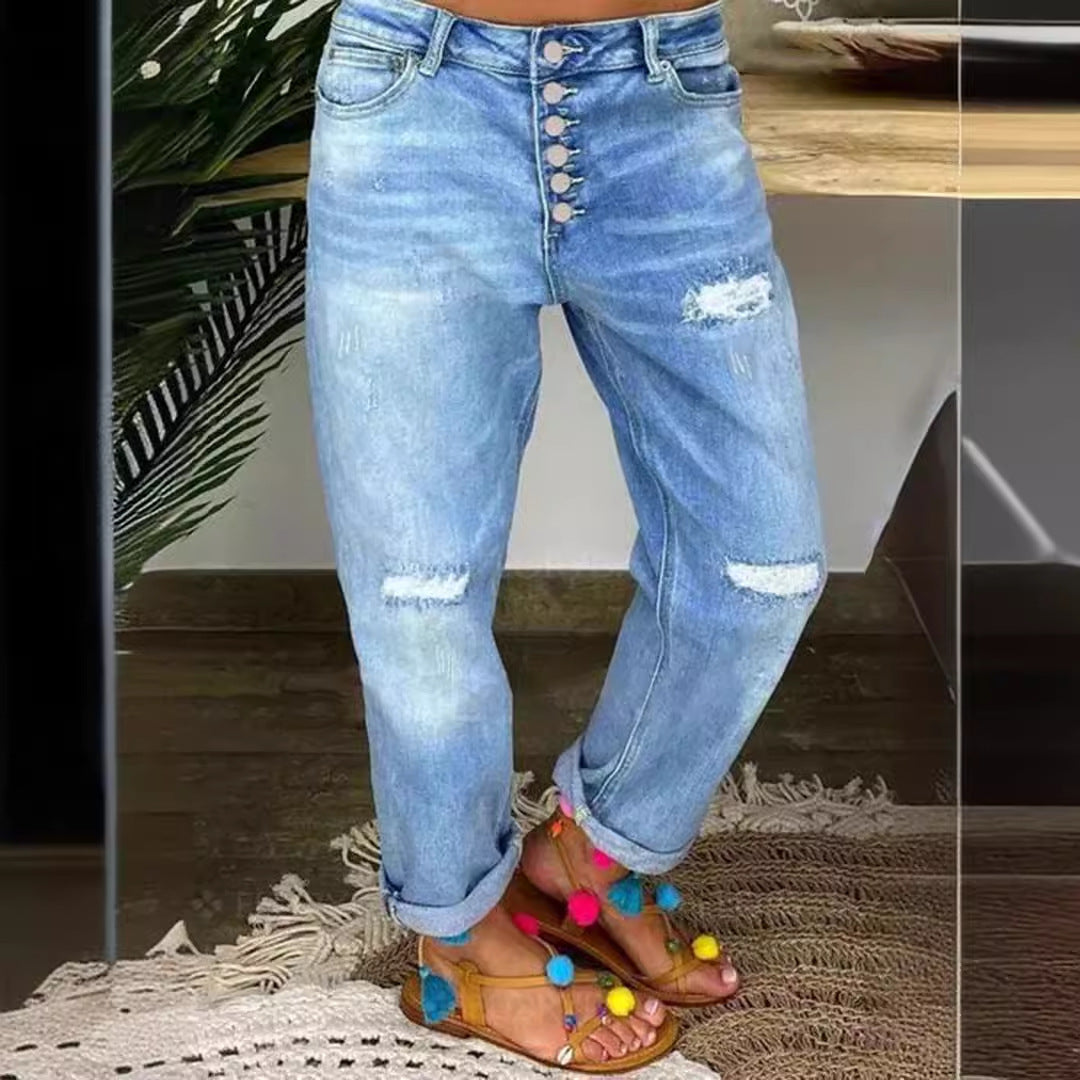 Damen Boyfriend Jeans mit Knopfleiste und distressed Effekten R&B