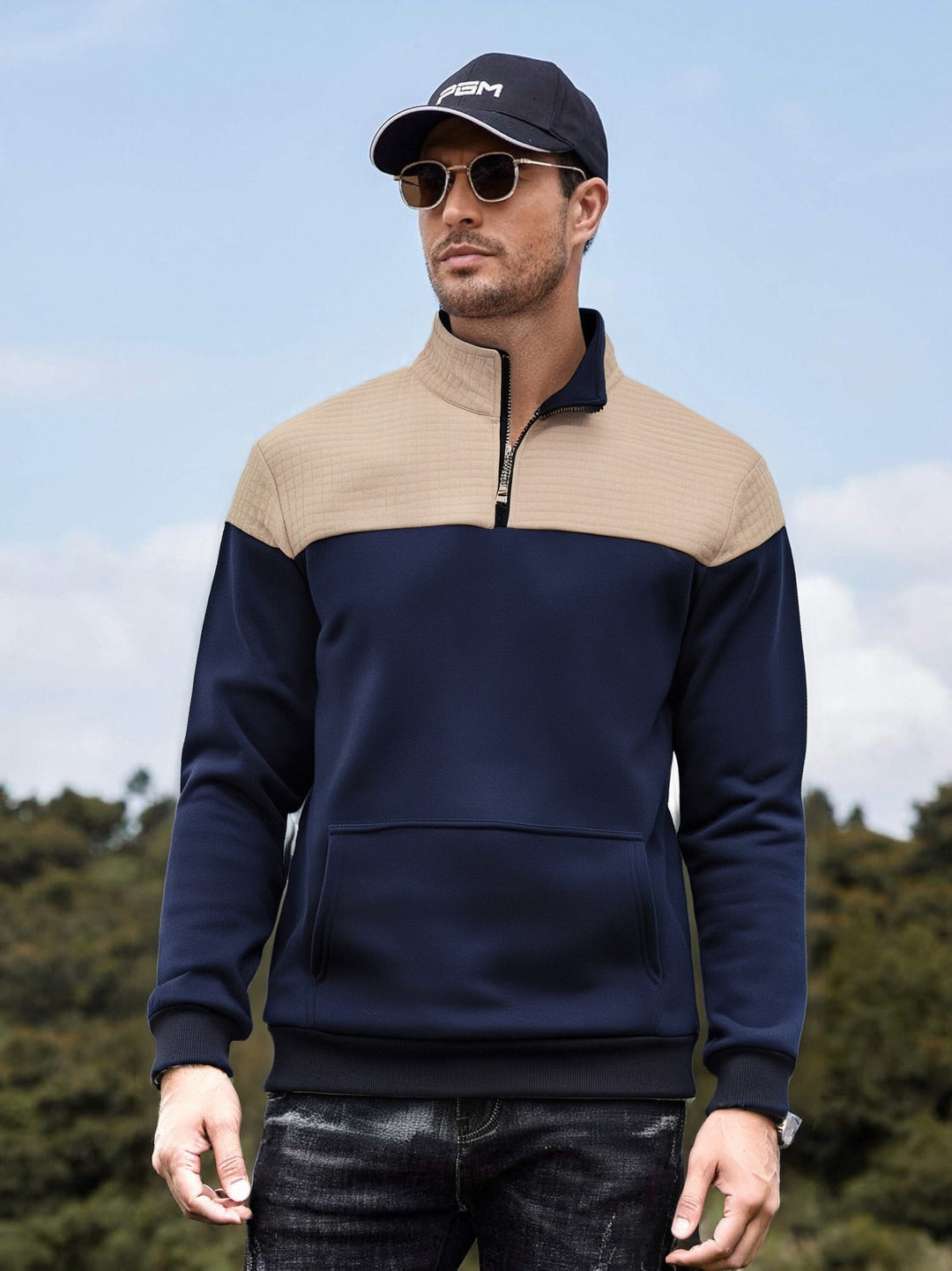 Herren funktionale Sweatjacke mit hochschließendem Kragen und praktischer Kängurutasche R&B
