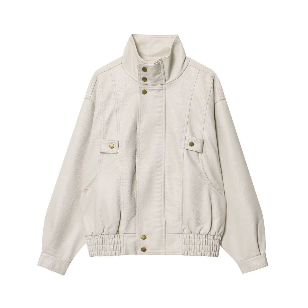 Damen lässige Kunstlederjacke mit hohem Kragen und Weitenregulierung R&B
