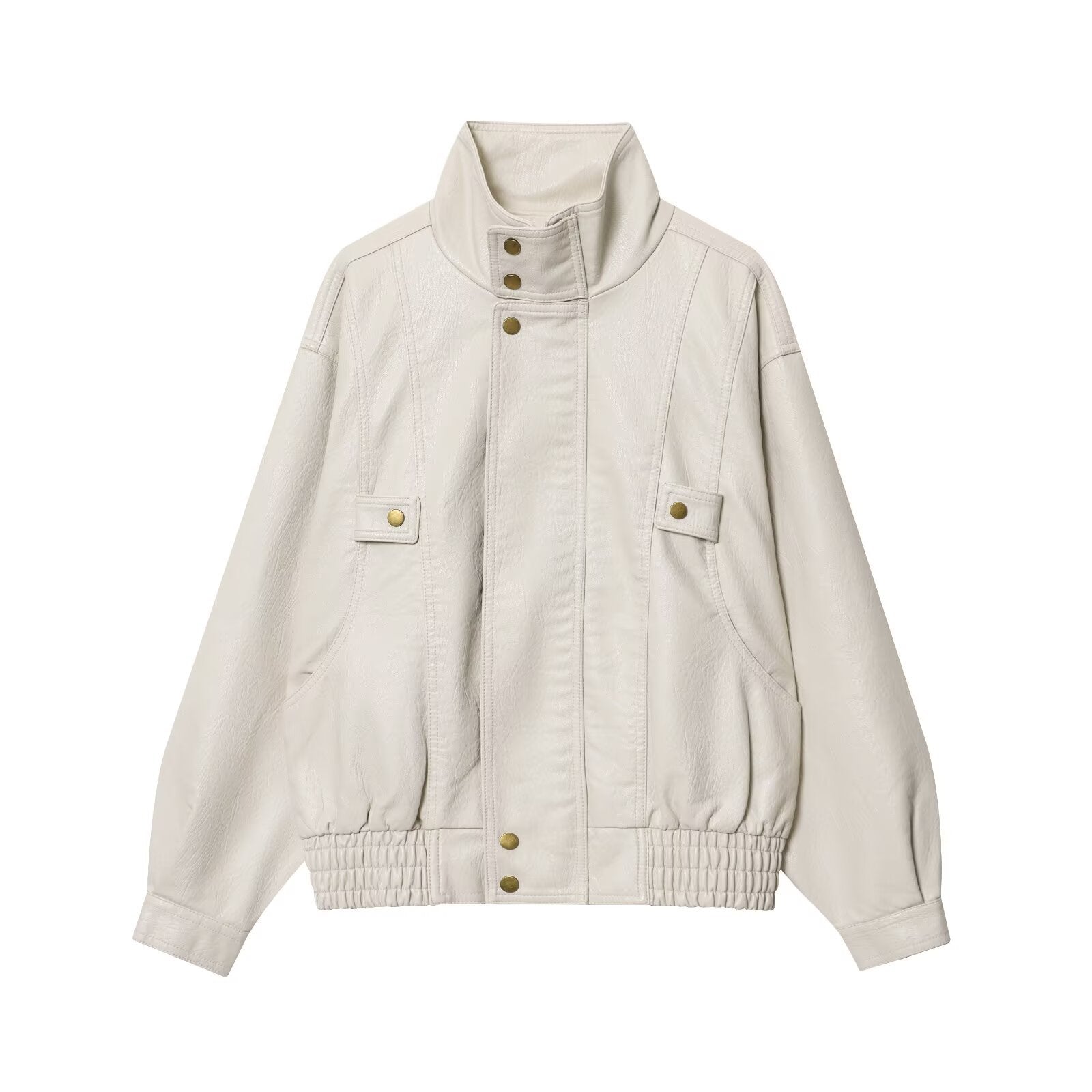 Damen lässige Kunstlederjacke mit hohem Kragen und Weitenregulierung R&B