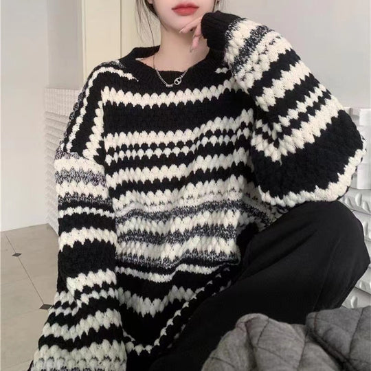 Damen gemusterter Strickpullover mit strukturiertem Gewebe und lässigem Schnitt R&B
