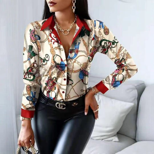 Damen Künstlerischer Druck Knopf-Up Bluse R&B