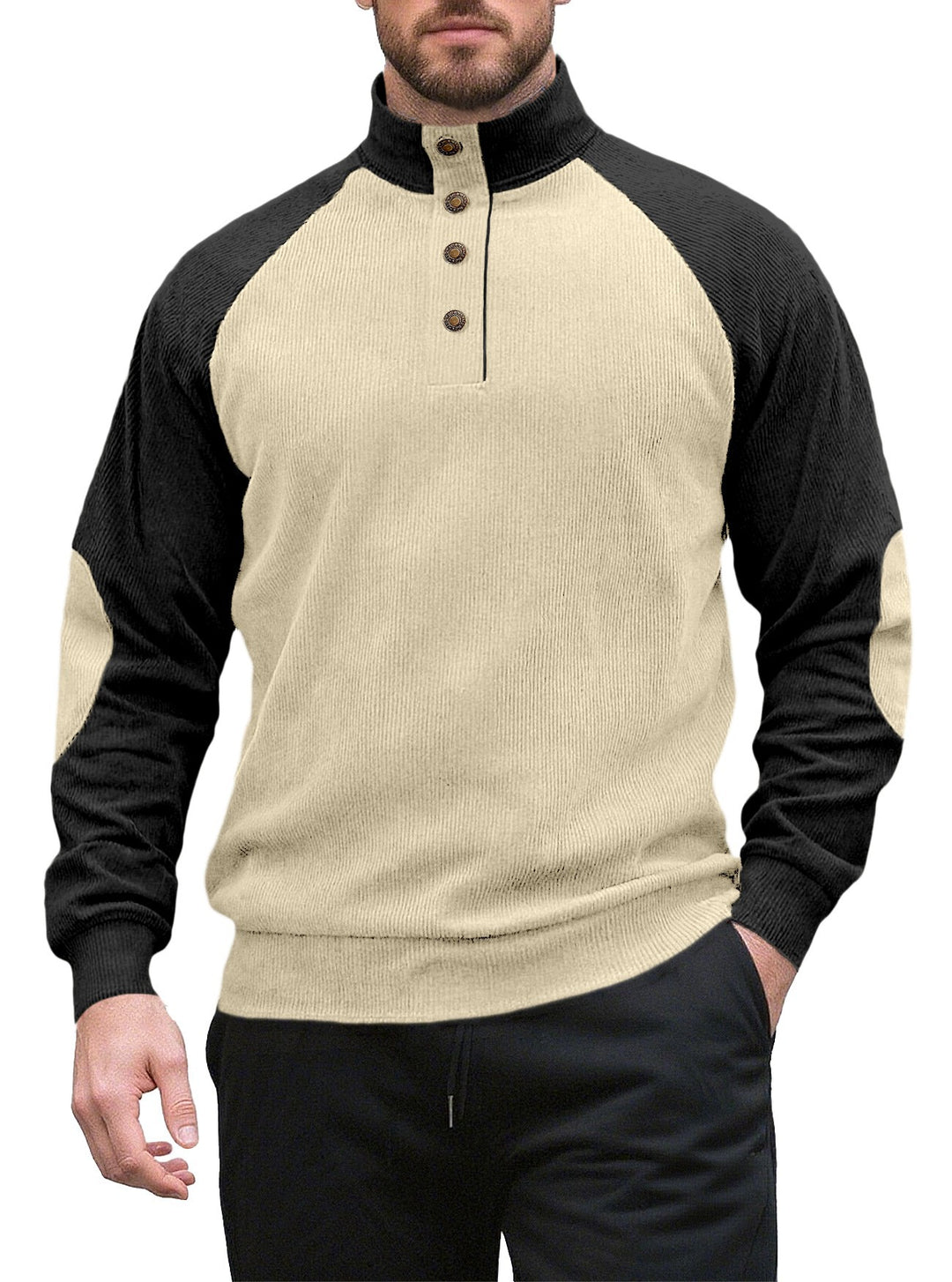 Herren nan zweifarbiger Ripptroyer mit asymmetrischer Knopfleiste und Velours-Ellbogenpatch R&B