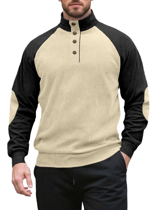 Herren nan zweifarbiger Ripptroyer mit asymmetrischer Knopfleiste und Velours-Ellbogenpatch R&B