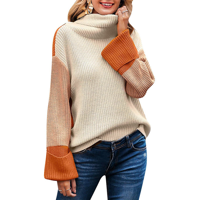 Damen Grobstrickpullover mit hohem Kragen und kontrastierenden Ärmeln R&B