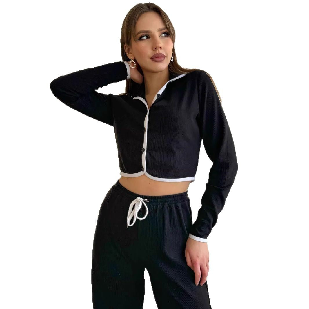 Damen modisches, cropped Loungewear-Set mit Knopfleiste und kontrastierenden Details R&B
