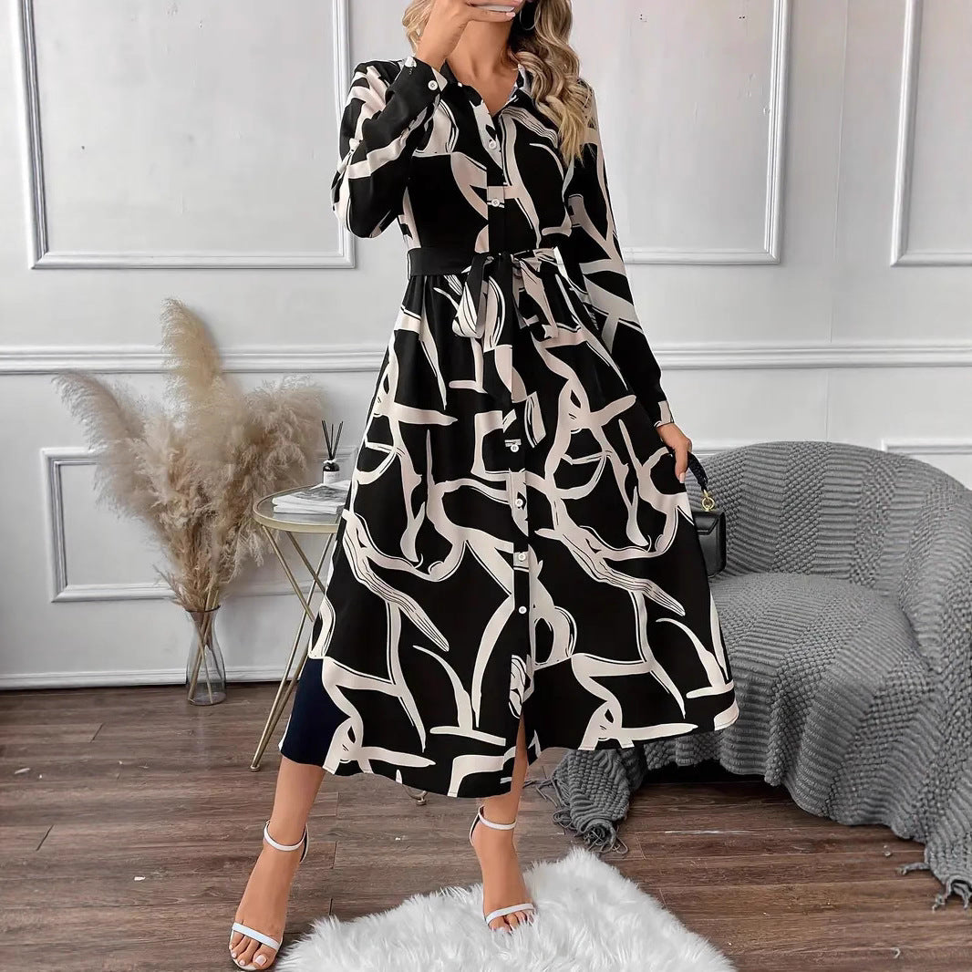Damen Hemdblusenkleid mit raffiniertem Muster und tailliertem Gürtel R&B