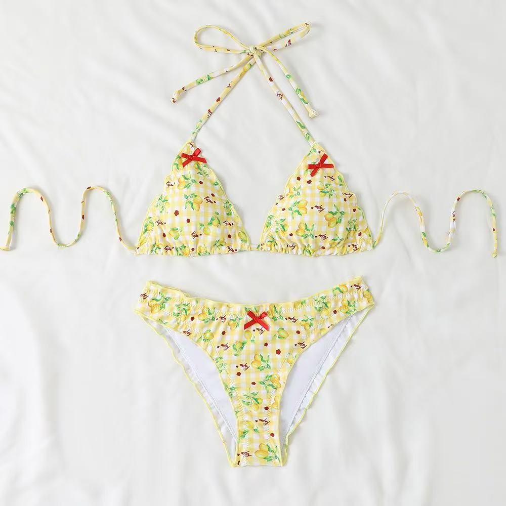 Damen Bikini-Set mit verspieltem Zitronenmuster und Rüschendetails R&B