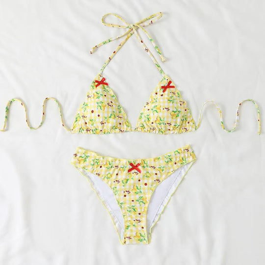 Damen Bikini-Set mit verspieltem Zitronenmuster und Rüschendetails R&B