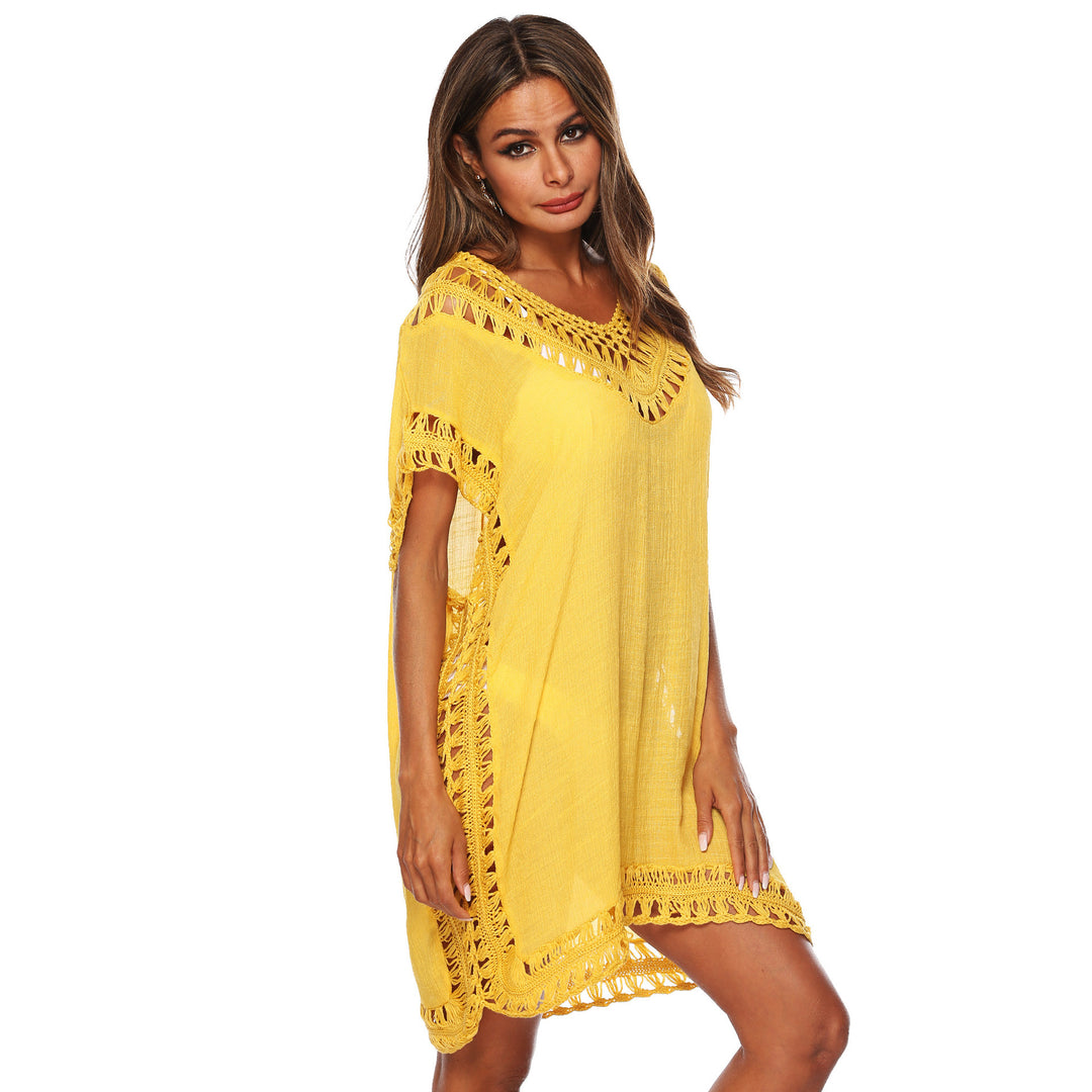Damen Häkel-Strandüberwurf mit elegantem V-Ausschnitt und fransigen Details R&B