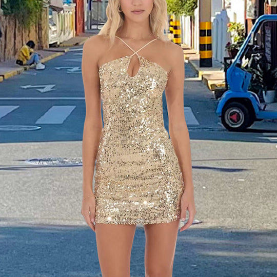 Damen Glitzerndes Minikleid mit eleganter Trägergestaltung und tiefem Ausschnitt R&B