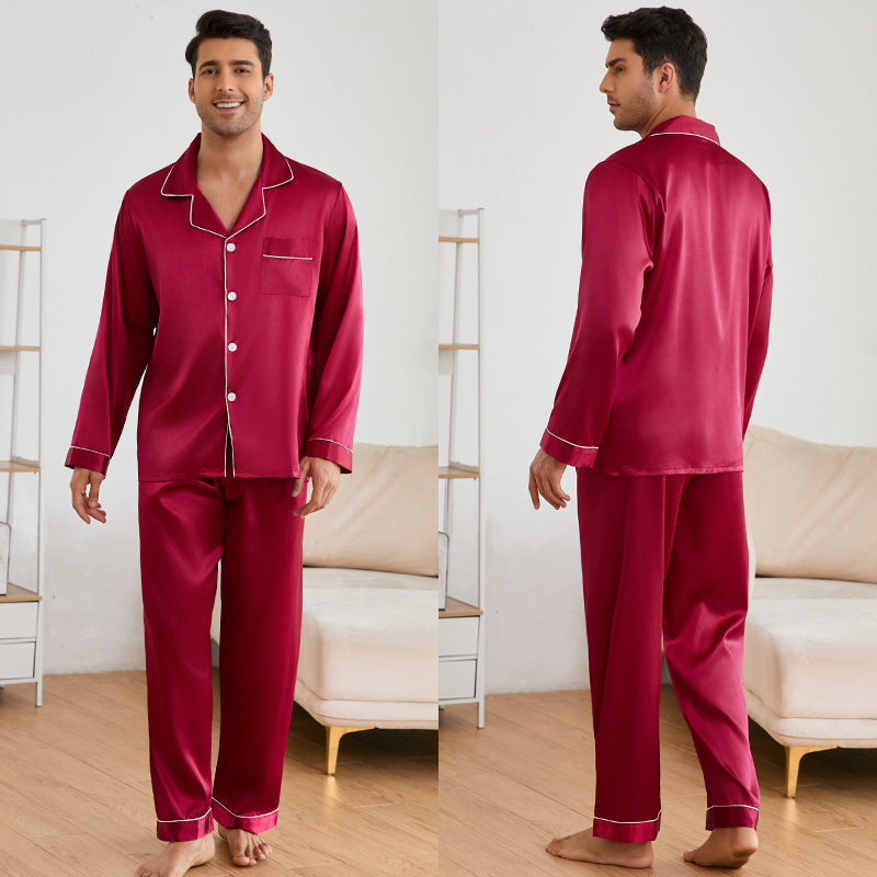 Herren Satin Schlafanzug-Set mit klassischem Kragen und eleganten Kontrastnähten R&B