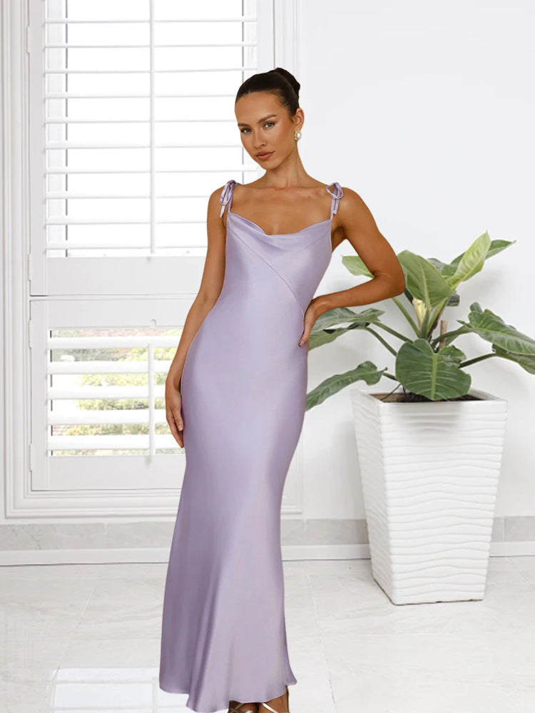 Damen Elegantes Satin-Maxikleid mit verstellbaren Trägern und figurbetontem Schnitt R&B
