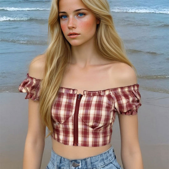 Damen Cropped Bluse mit Puffärmeln und Reißverschluss R&B