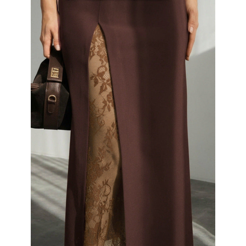 Damen Eleganter Maxirock mit transparentem Spitzeneinsatz und seitlichem Schlitz R&B