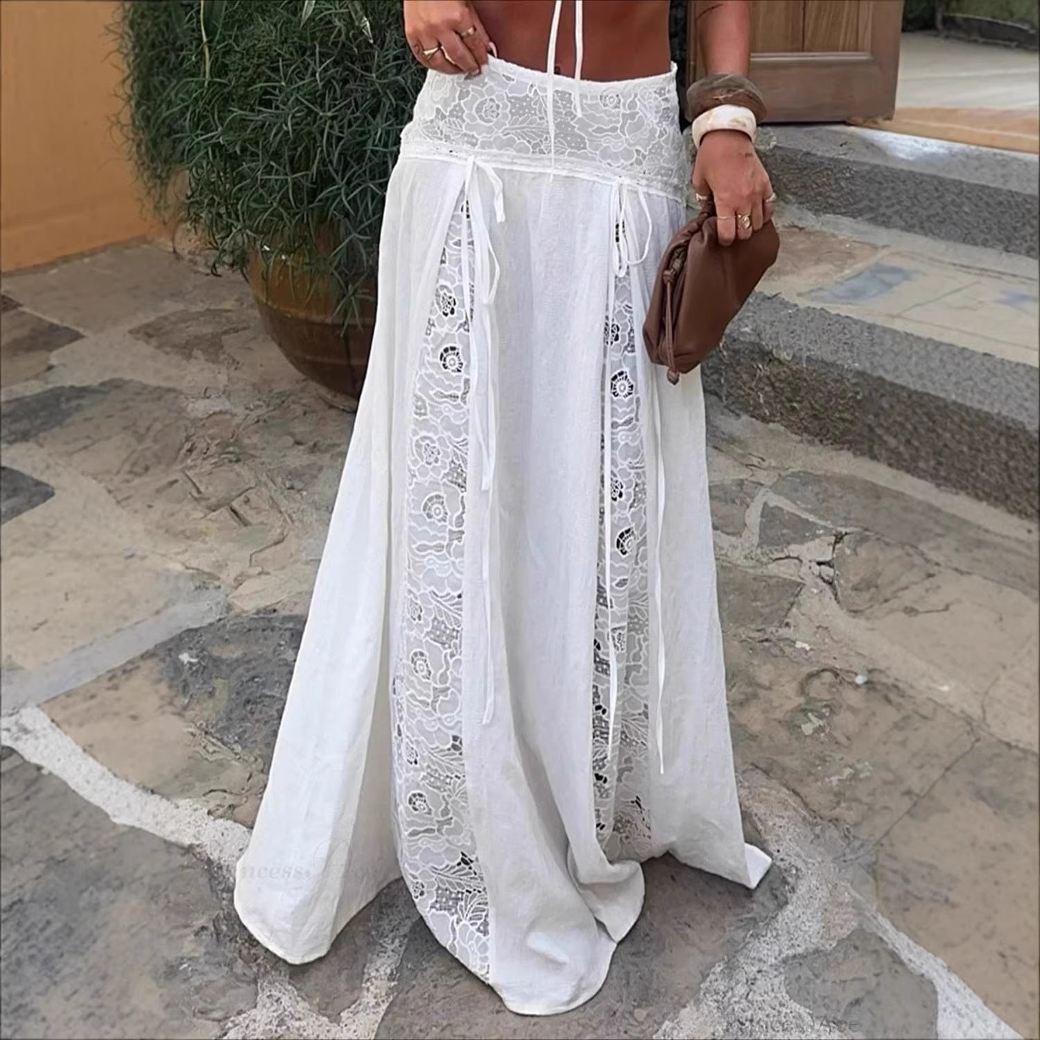 Damen Maxi-Rock mit elegantem Spitzen-Design und seitlichen Bändern R&B