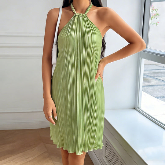 Damen Plissiertes Sommerkleid mit Neckholder und fließendem Schnitt R&B