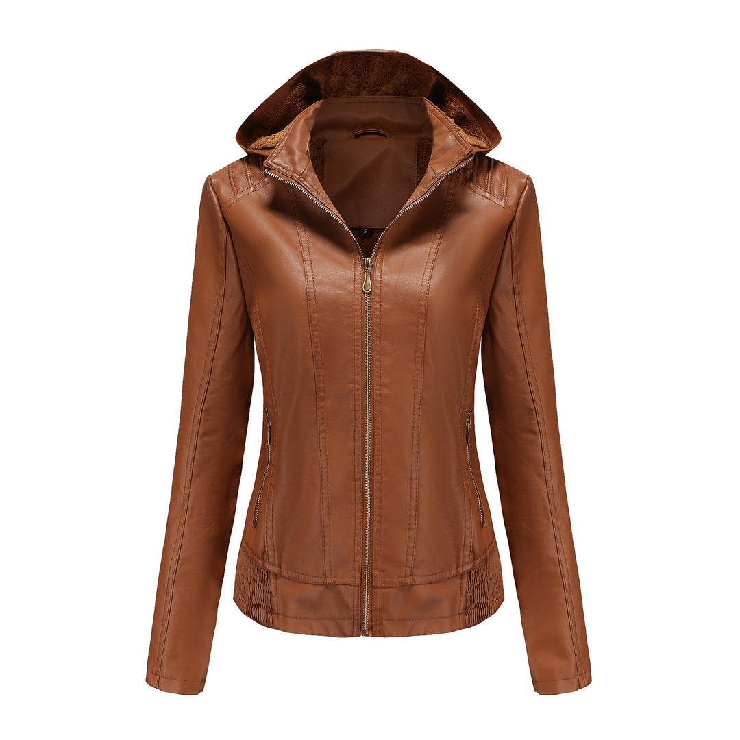 Damen stilvolle Kunstlederjacke mit hochabschließendem Kragen und elastischen Bündchen R&B